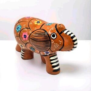 Vintage Folk Art Hand Painted Pottery Elephant 5" Unmarked Colorful Mexico